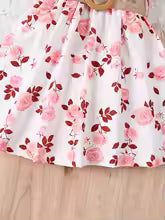Girls Casual  Floral Print Dress Small Flying Sleeves Ruffled Edges Waist Cinching Summer Dress with Belt