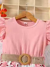 Girls Casual  Floral Print Dress Small Flying Sleeves Ruffled Edges Waist Cinching Summer Dress with Belt