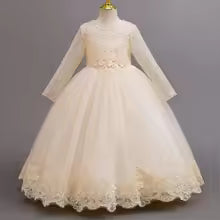 Girls lace long-sleeved princess dress 4-12 years old fashionable bow tutu skirt birthday party host stage catwalk evening dress