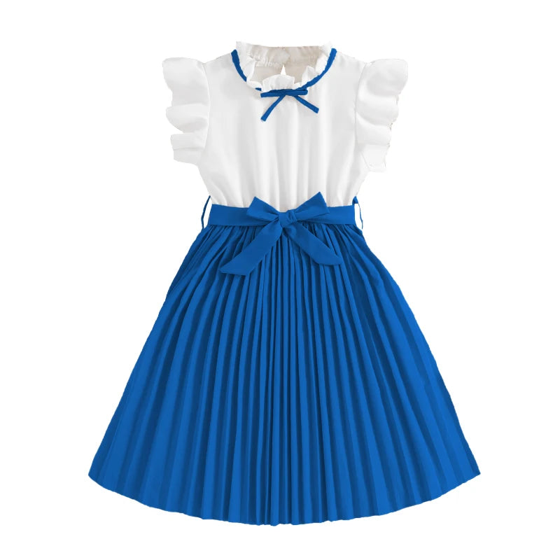 Kids Dresses for Girls 8-16 Years White Small Flying Sleeves Pleated Skirt Korean Style Elegant Daily Teenager Princess Dress