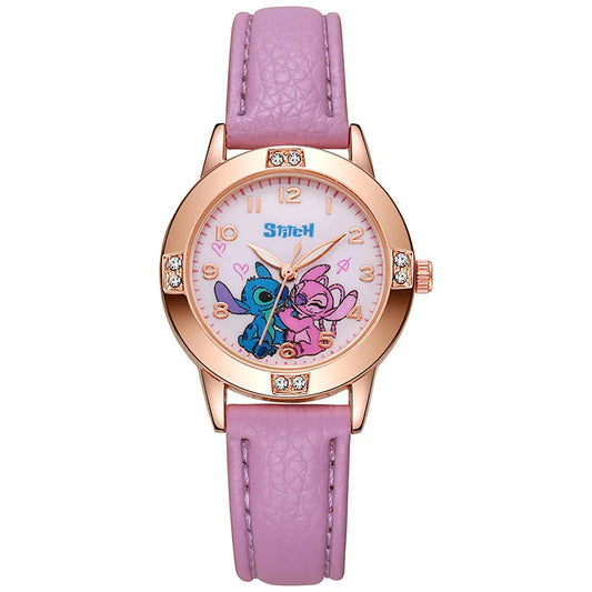 Cartoon Pattern Stitch Girls Watches for Kids Leather Strap Children Watch with Rhinestone Dial reloj stich Exquisite Gift