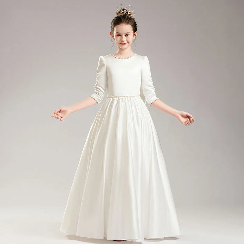 Girls' Elegant Princess Dress Girl Evening Dresses Children Piano Performance Long Sleeve White Clothes 4 to 12 Years