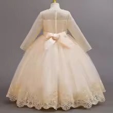 Girls lace long-sleeved princess dress 4-12 years old fashionable bow tutu skirt birthday party host stage catwalk evening dress