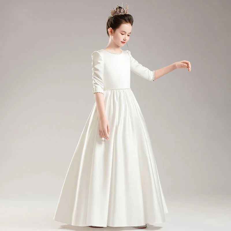 Girls' Elegant Princess Dress Girl Evening Dresses Children Piano Performance Long Sleeve White Clothes 4 to 12 Years