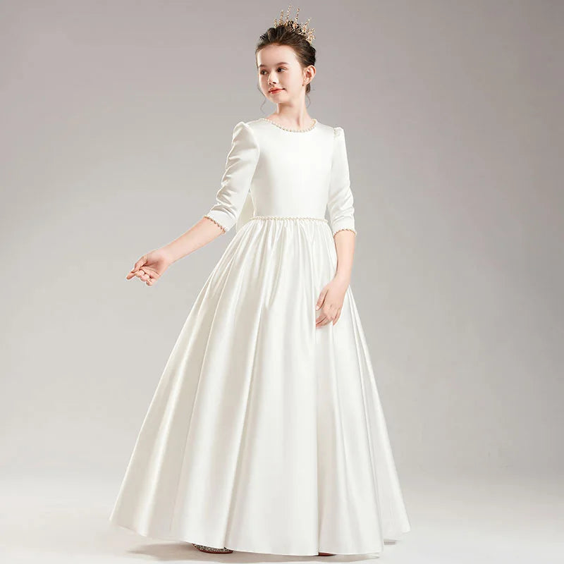 Girls' Elegant Princess Dress Girl Evening Dresses Children Piano Performance Long Sleeve White Clothes 4 to 12 Years