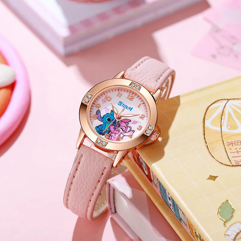 Cartoon Pattern Stitch Girls Watches for Kids Leather Strap Children Watch with Rhinestone Dial reloj stich Exquisite Gift