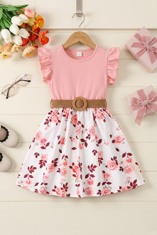 Girls Casual  Floral Print Dress Small Flying Sleeves Ruffled Edges Waist Cinching Summer Dress with Belt