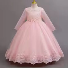 Girls lace long-sleeved princess dress 4-12 years old fashionable bow tutu skirt birthday party host stage catwalk evening dress