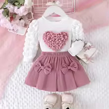 2PCS Winter New Style For 0-3 Year Old Girls, Comfortable Sweet And Cute Bubble Sleeves, Love Chapter Top + Pink Short Skirt Set