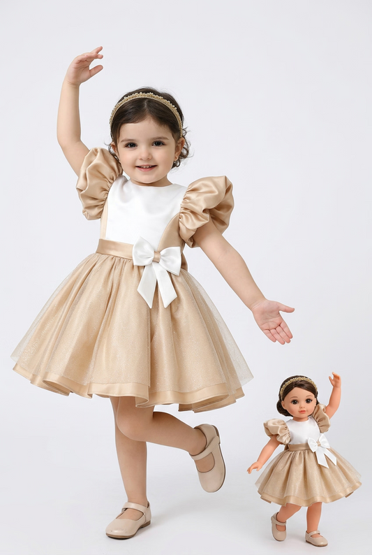 Summer A-line knee-length dress for girls aged 4 to 7 for the Eid al-Fitr, golden prayer Ramadan dress