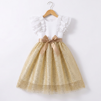 Summer A-line knee-length dress for girls aged 4 to 7 for the Eid al-Fitr, golden prayer Ramadan dress