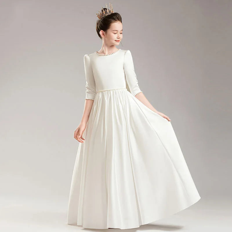 Girls' Elegant Princess Dress Girl Evening Dresses Children Piano Performance Long Sleeve White Clothes 4 to 12 Years