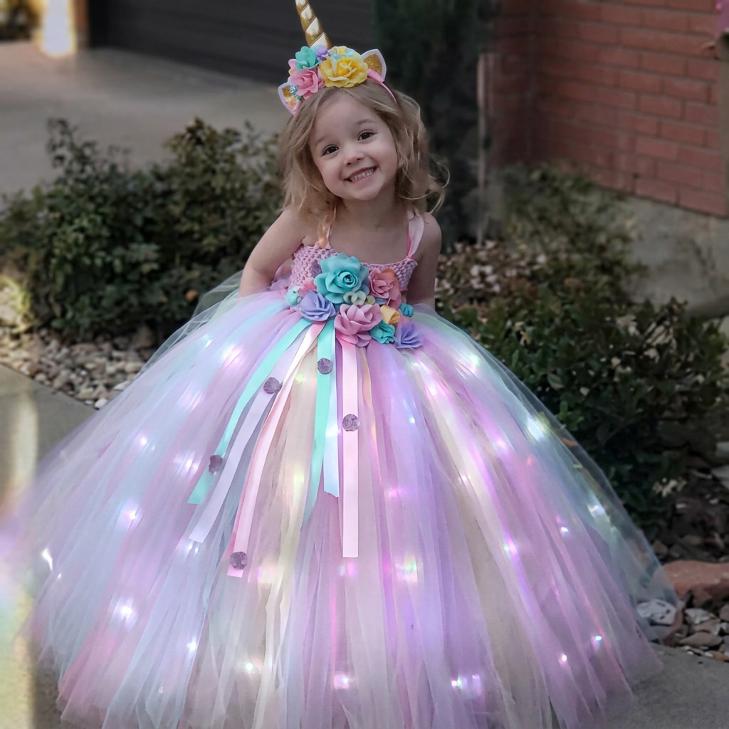 Gilrs Long LED Unicorn Tutu Dress Girls Knee Dress Kids Birthday Party Princess Costume for Halloween Xmas Ball Gown Dresses