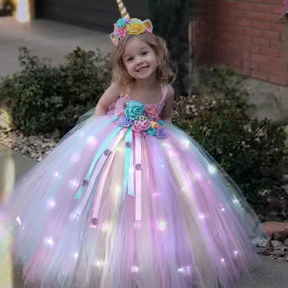 Gilrs Long LED Unicorn Tutu Dress Girls Knee Dress Kids Birthday Party Princess Costume for Halloween Xmas Ball Gown Dresses