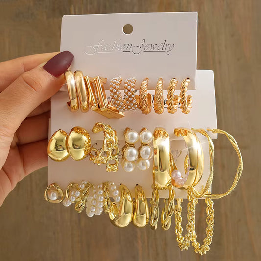 Gold Color Vintage Geometry Pearl Earrings Set Metal Twine Square Dangle Earrings Round for Women Simple Trendy Party Jewelry