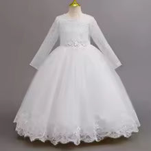 Girls lace long-sleeved princess dress 4-12 years old fashionable bow tutu skirt birthday party host stage catwalk evening dress