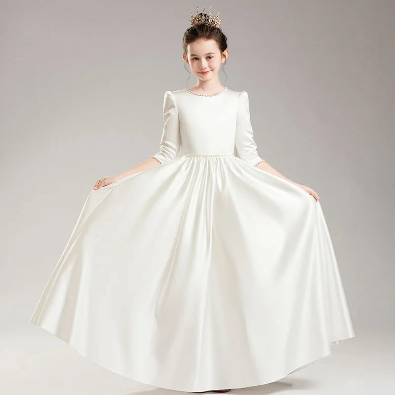 Girls' Elegant Princess Dress Girl Evening Dresses Children Piano Performance Long Sleeve White Clothes 4 to 12 Years