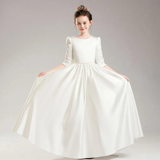 Girls' Elegant Princess Dress Girl Evening Dresses Children Piano Performance Long Sleeve White Clothes 4 to 12 Years