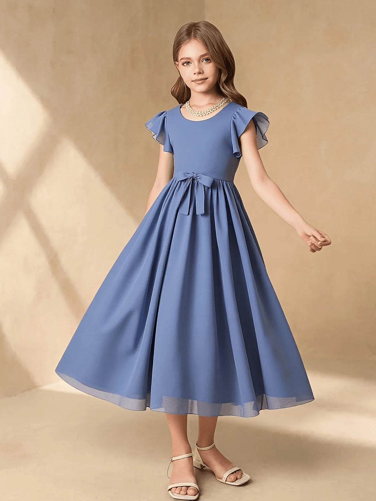 Girls' Summer Casual Dress, Short-Sleeved Puffy Skirt with a Large Hem, Waist-Cinching Bow Design, Elegant and Stylish Dress with Drapey Fabric, Princess-Style Dress Suitable for Girls Aged 8-12