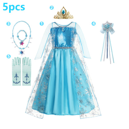 Elsa Dress Cosplay Princess Dress Light Blue Long Sleeve Sequin Children Dresses Carnival Party Evening Dress Dress For Girls