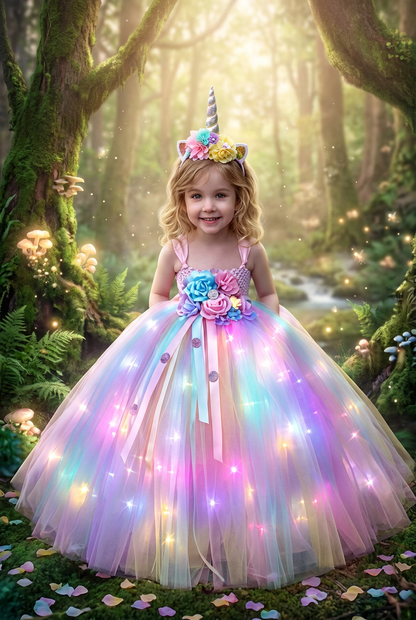 Gilrs Long LED Unicorn Tutu Dress Girls Knee Dress Kids Birthday Party Princess Costume for Halloween Xmas Ball Gown Dresses