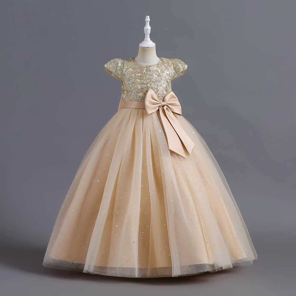 Elegant Kids Dresses For  3-12Y Girls Wedding Children Bow Bridesmaid Prom Long Gown Princess Birthday Party Embroidery Vestidos