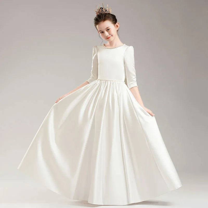 Girls' Elegant Princess Dress Girl Evening Dresses Children Piano Performance Long Sleeve White Clothes 4 to 12 Years
