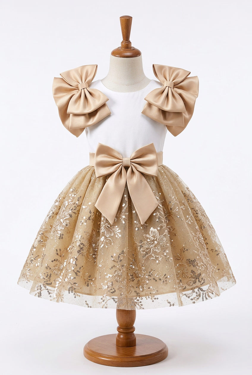 Summer A-line knee-length dress for girls aged 4 to 7 for the Eid al-Fitr, golden prayer Ramadan dress