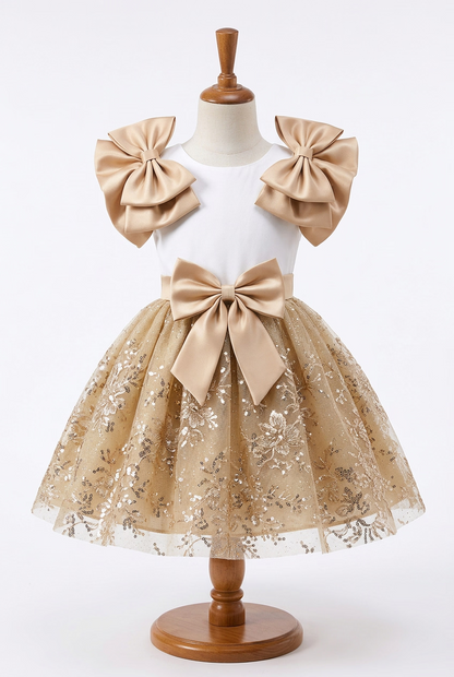 Summer A-line knee-length dress for girls aged 4 to 7 for the Eid al-Fitr, golden prayer Ramadan dress