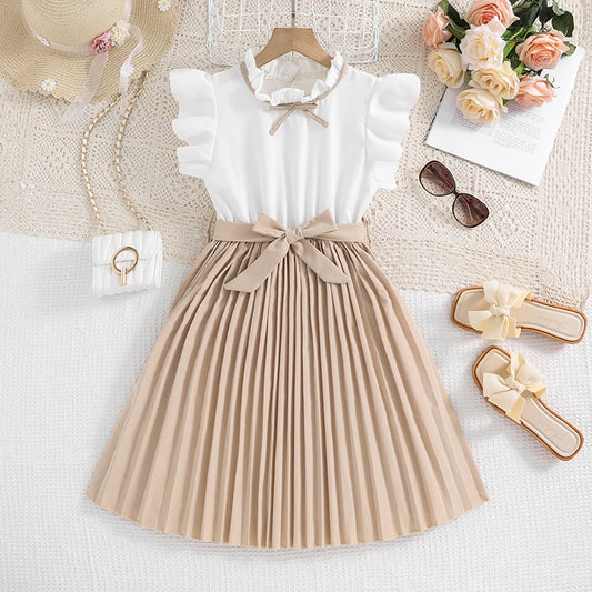 Kids Dresses for Girls 8-16 Years White Small Flying Sleeves Pleated Skirt Korean Style Elegant Daily Teenager Princess Dress