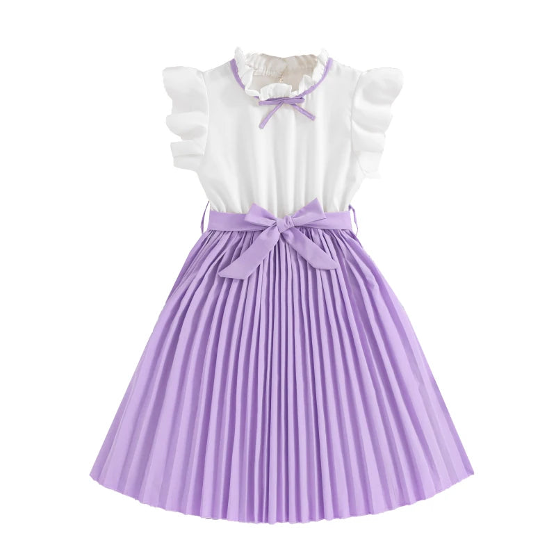 Kids Dresses for Girls 8-16 Years White Small Flying Sleeves Pleated Skirt Korean Style Elegant Daily Teenager Princess Dress