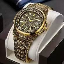 Retro Bronze Embossed Men's Steel Band Watch Fashion Trend High-end Calendar Business Men's Watch