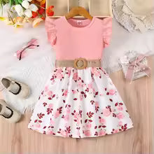 Girls Casual  Floral Print Dress Small Flying Sleeves Ruffled Edges Waist Cinching Summer Dress with Belt